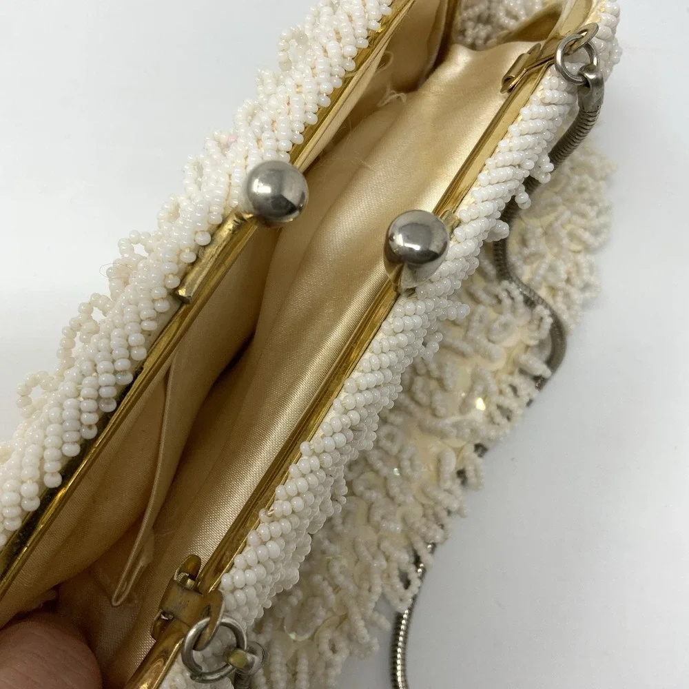 Vintage Beaded Evening Bag Ivory Sequin Gold Satin Interior Wedding Formal 1960s